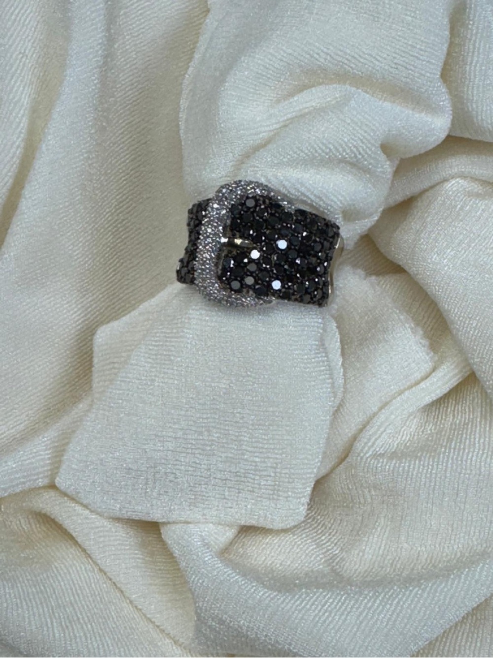 Ladies Ring with Buckle with Black and White Diamonds size 7.5